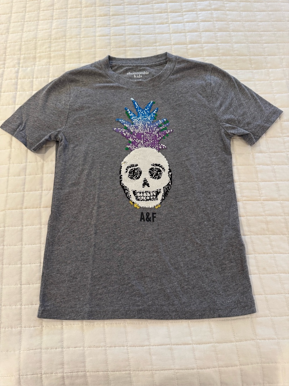 abercrombie kids Gray Sequin Skull Pineapple Tee